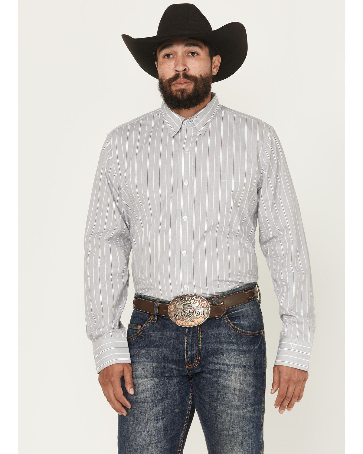 Image #1 - Wrangler X Cody Johnson Men's Striped Long Sleeve Button-Down Western Shirt, Grey, hi-res