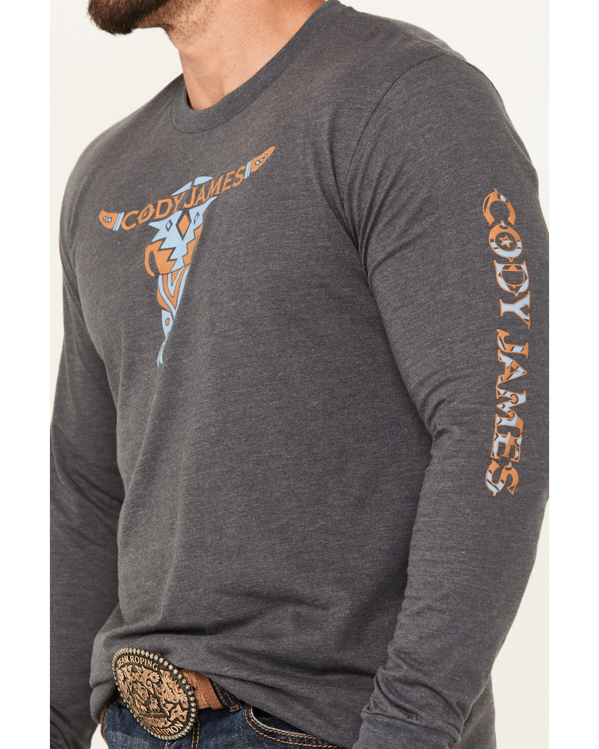 Image #3 - Cody James Men's Tribal Bull Long Sleeve Graphic T-Shirt, Charcoal, hi-res