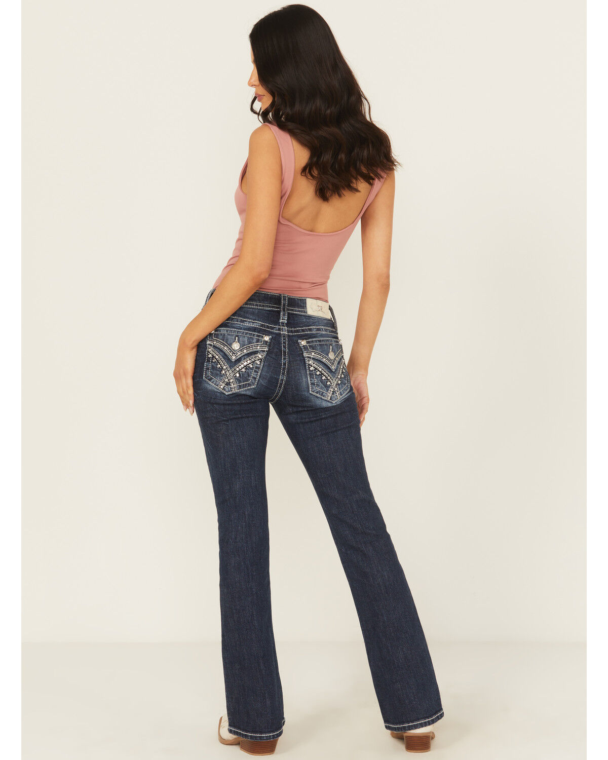 Image #1 - Miss Me Women's Dark Wash Mid Rise 32" Bootcut Stretch Denim Jeans, Dark Wash, hi-res