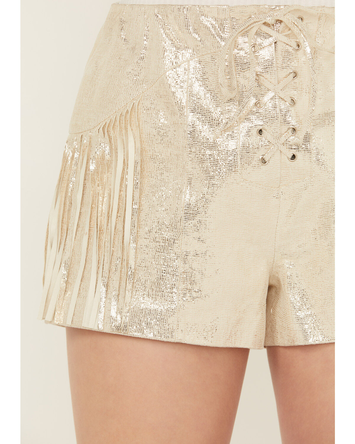 Image #2 - Wonderwest Women's Macrame Foiled Suede Shorts, Cream, hi-res