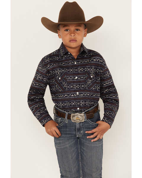 Rough Stock by Panhandle Boys' Southwestern Print Long Sleeve Snap Western Shirt, Navy, hi-res