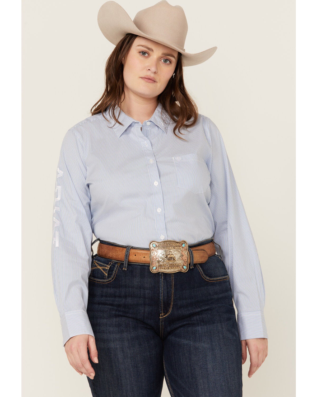 Ariat Women's Striped Team Kirby Long Sleeve Button-Down Stretch Western Shirt - Plus, Blue, hi-res