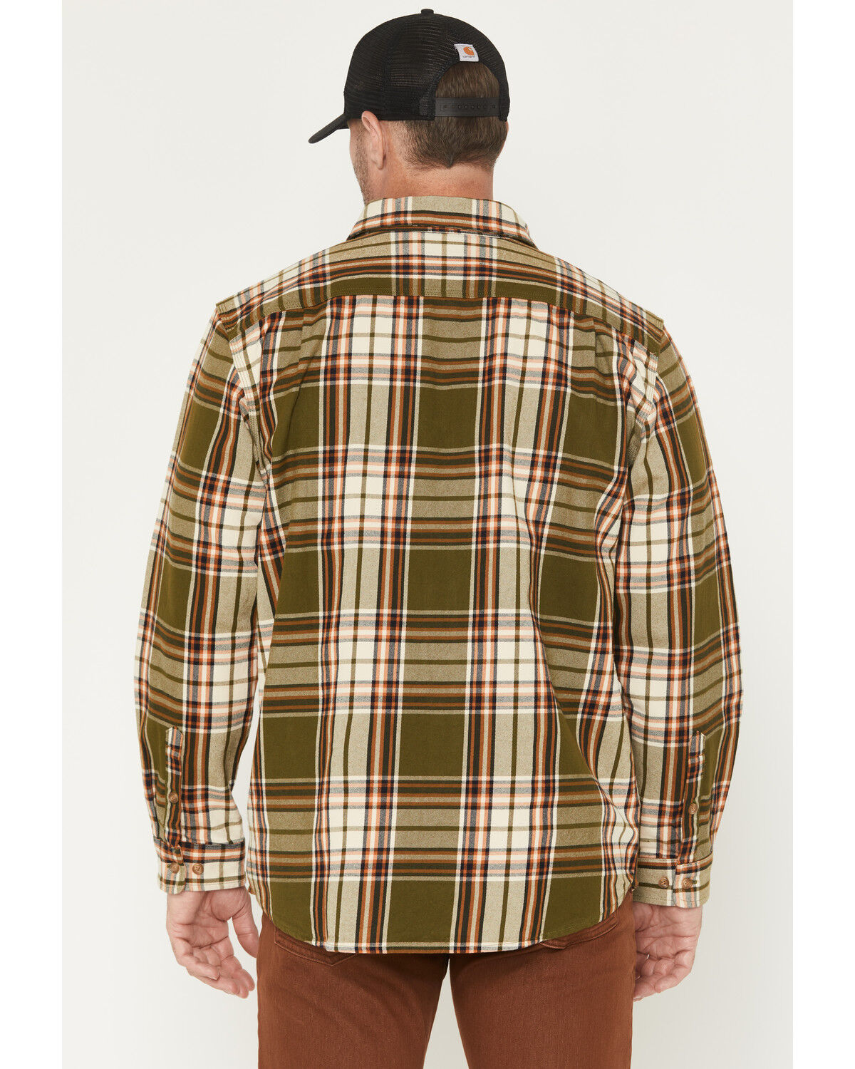 Image #4 - Carhartt Men's Heavyweight Plaid Print Long Sleeve Button-Down Flannel Shirt, Green/brown, hi-res
