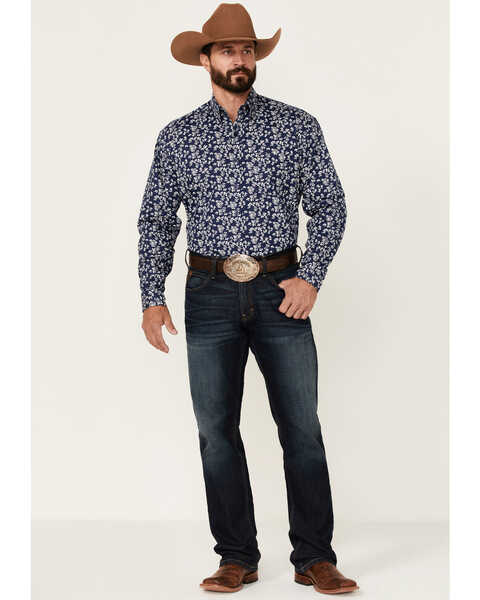 Stetson Men's Frontier Floral Print Long Sleeve Button-Down Western Shirt , Blue, hi-res