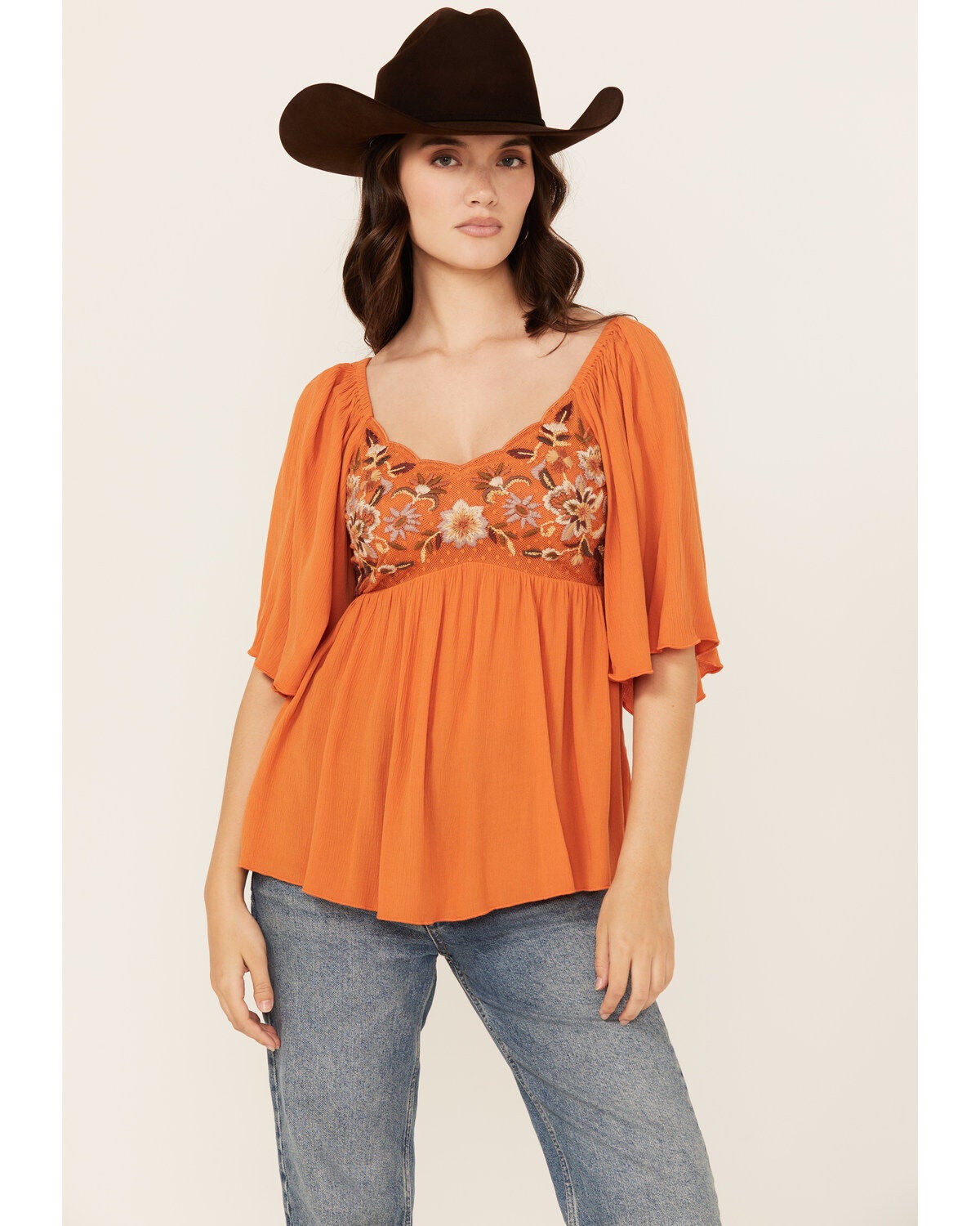Shyanne Women's Peasant Embroidered Short Sleeve Shirt, Orange, hi-res