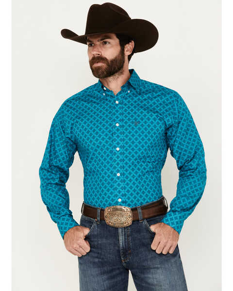Ariat Men's Gael Medallion Print Long Sleeve Button-Down Western Shirt, Turquoise, hi-res