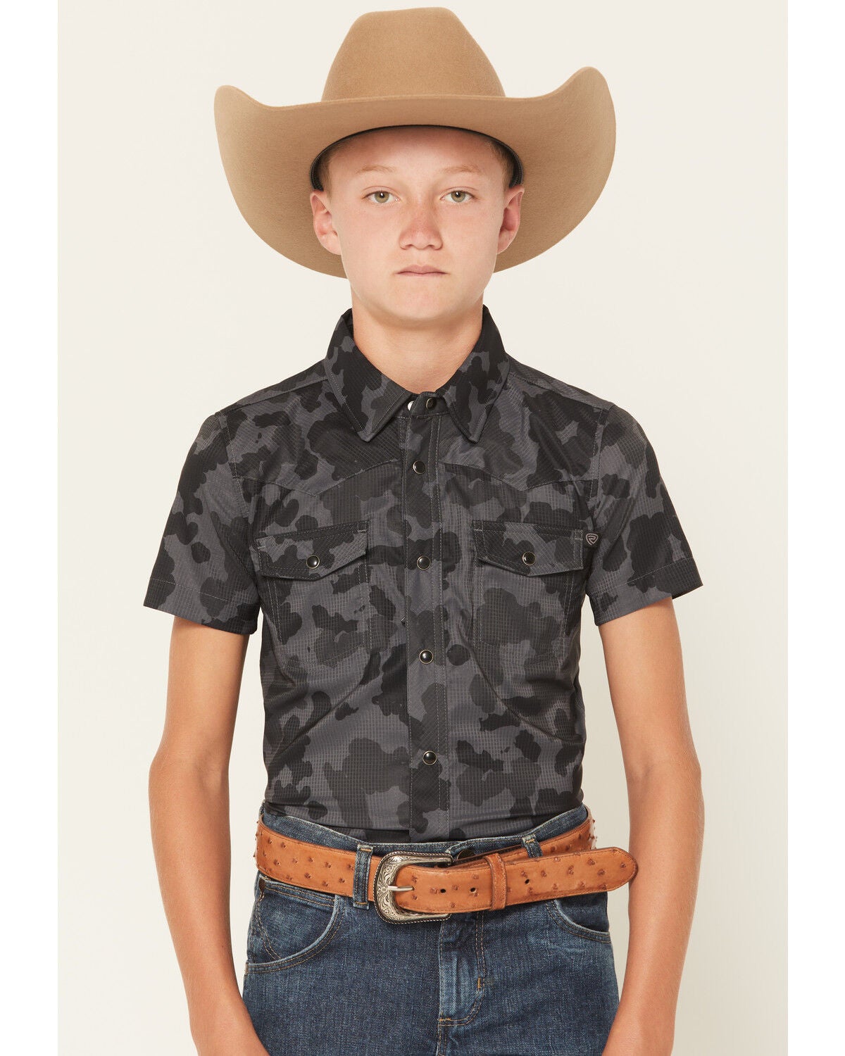 Rock & Roll Denim Boys' TEK Camo Print Short Sleeve Snap Western Shirt, Black, hi-res