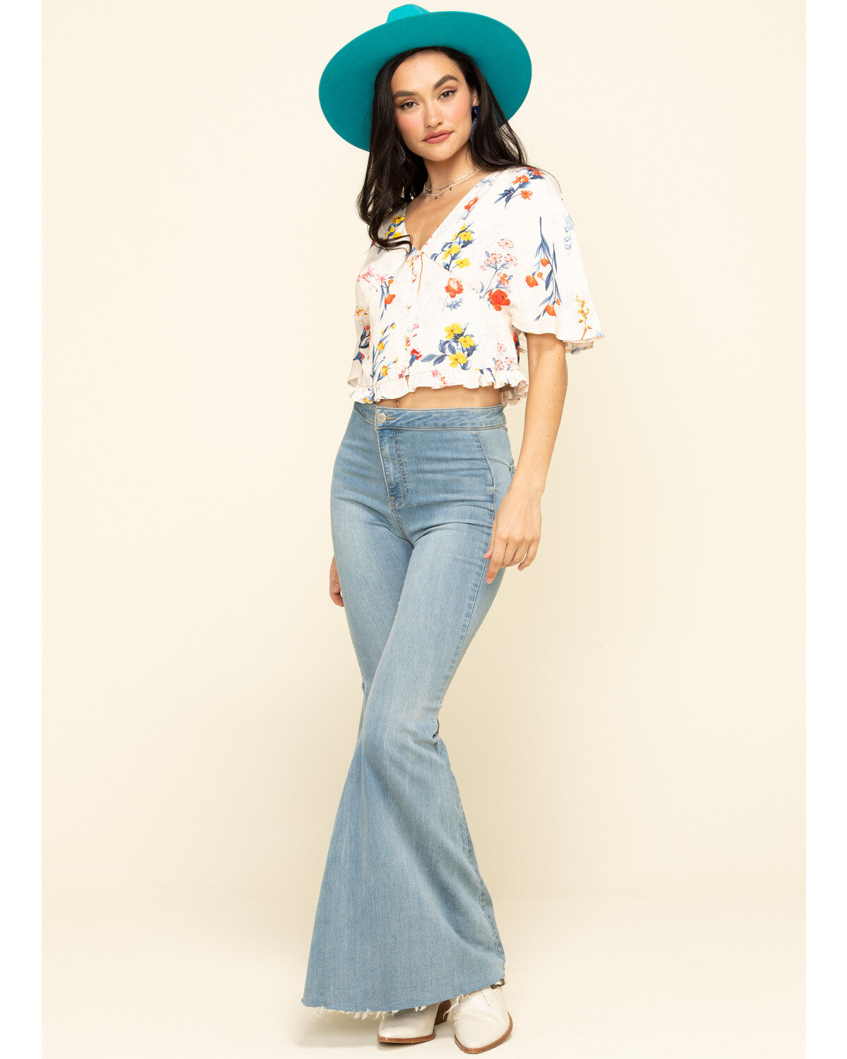 Image #6 - Miss Me Women's Cream Floral Button Down Ruffle Top, , hi-res