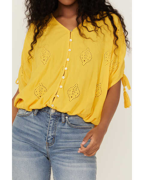 Image #3 - Miss Me Women's Mustard Button Front Embroidered Tassel Trim Top, Yellow, hi-res