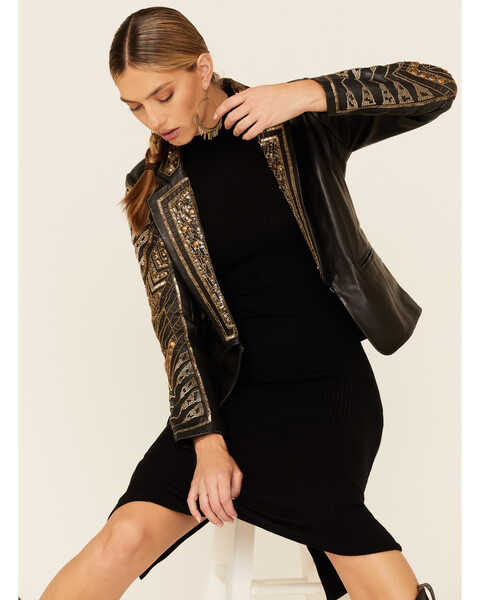 Scully Women's Black Lamb Studded Hook-Front Leather Blazer , Black, hi-res