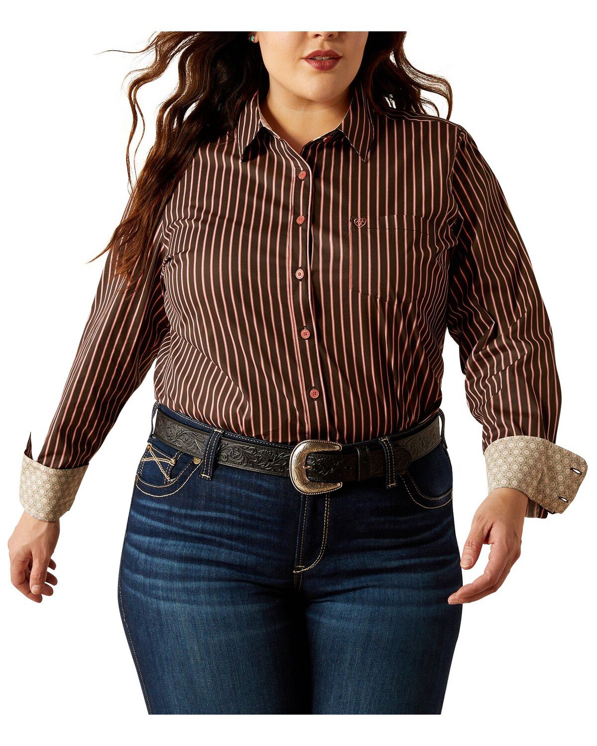 Ariat Women's Kirby Striped Long Sleeve Button-Down Stretch Western Shirt - Plus, Brown, hi-res