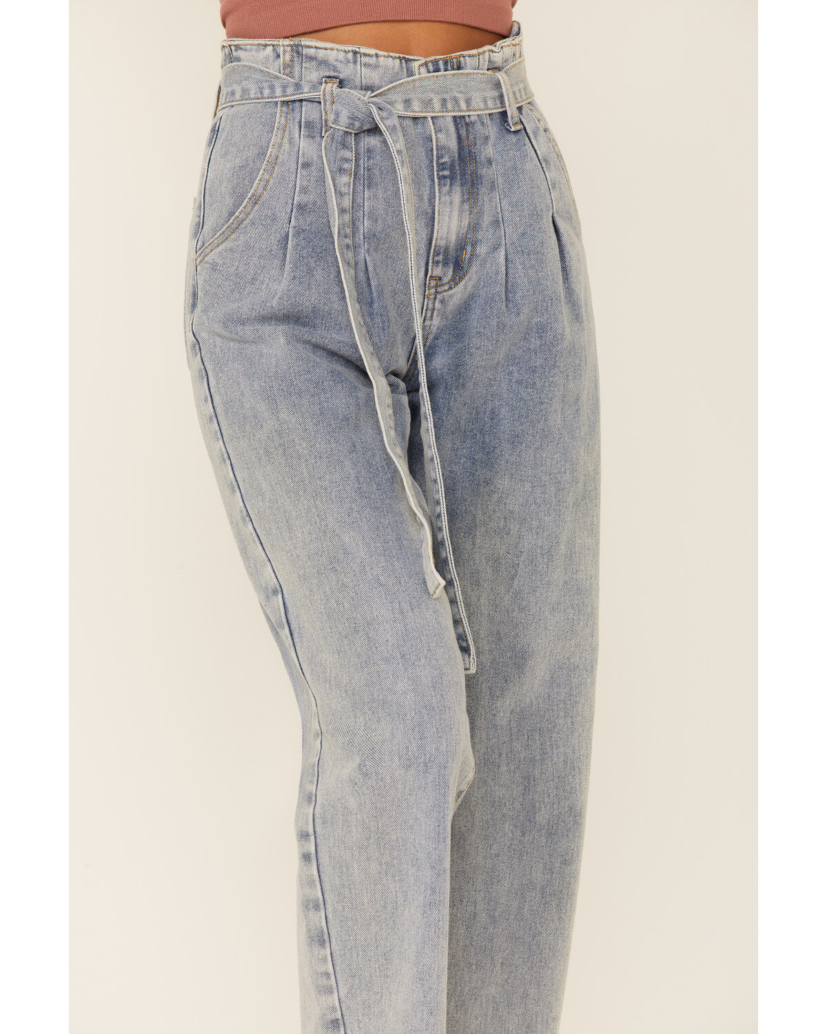 Image #2 - Wishlist Women's Acid Wash Tie Waist High Rise Jeans, Blue, hi-res