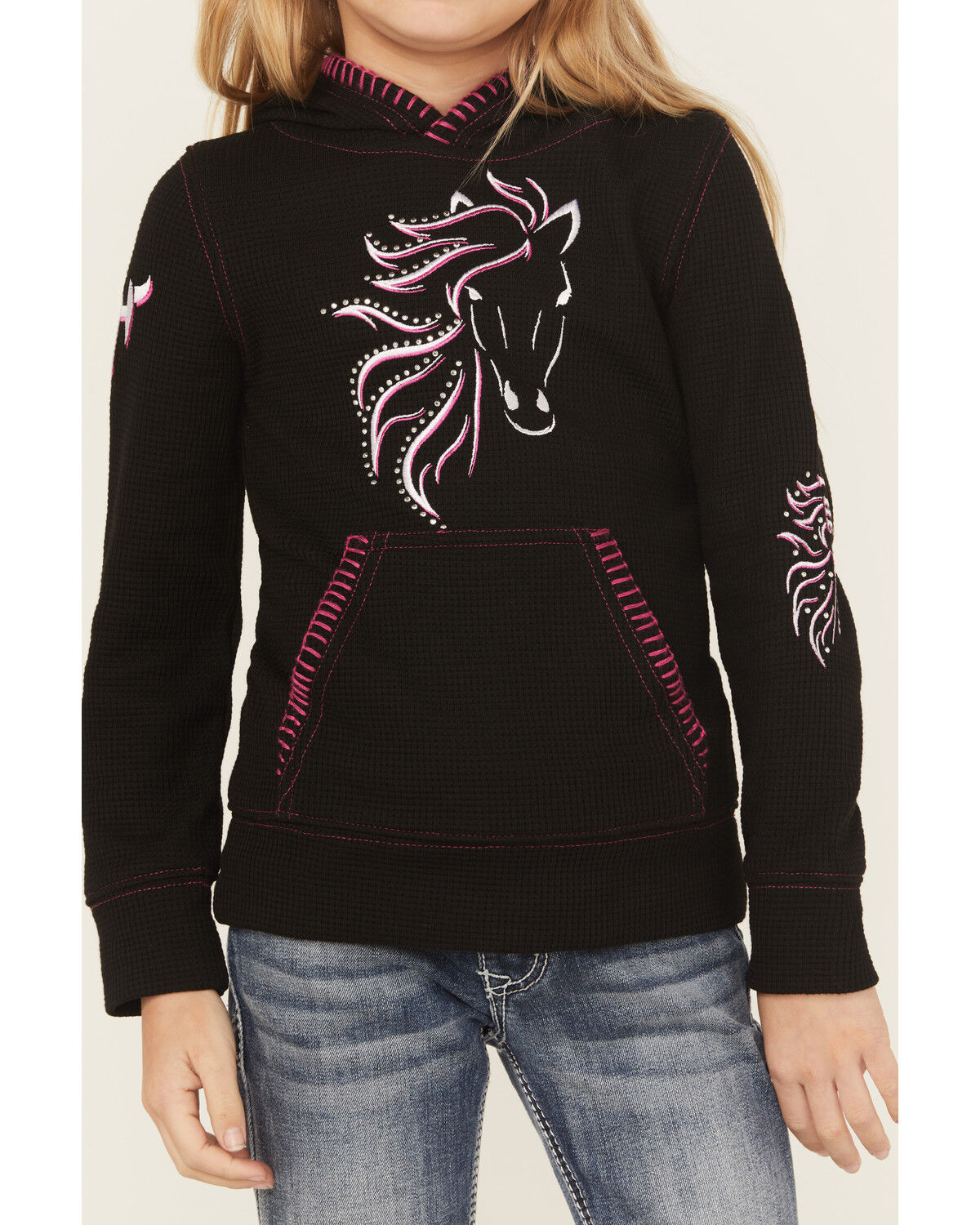 Image #3 - Cowgirl Hardware Girls' Blaze Horse Thermal Hoodie, Black, hi-res