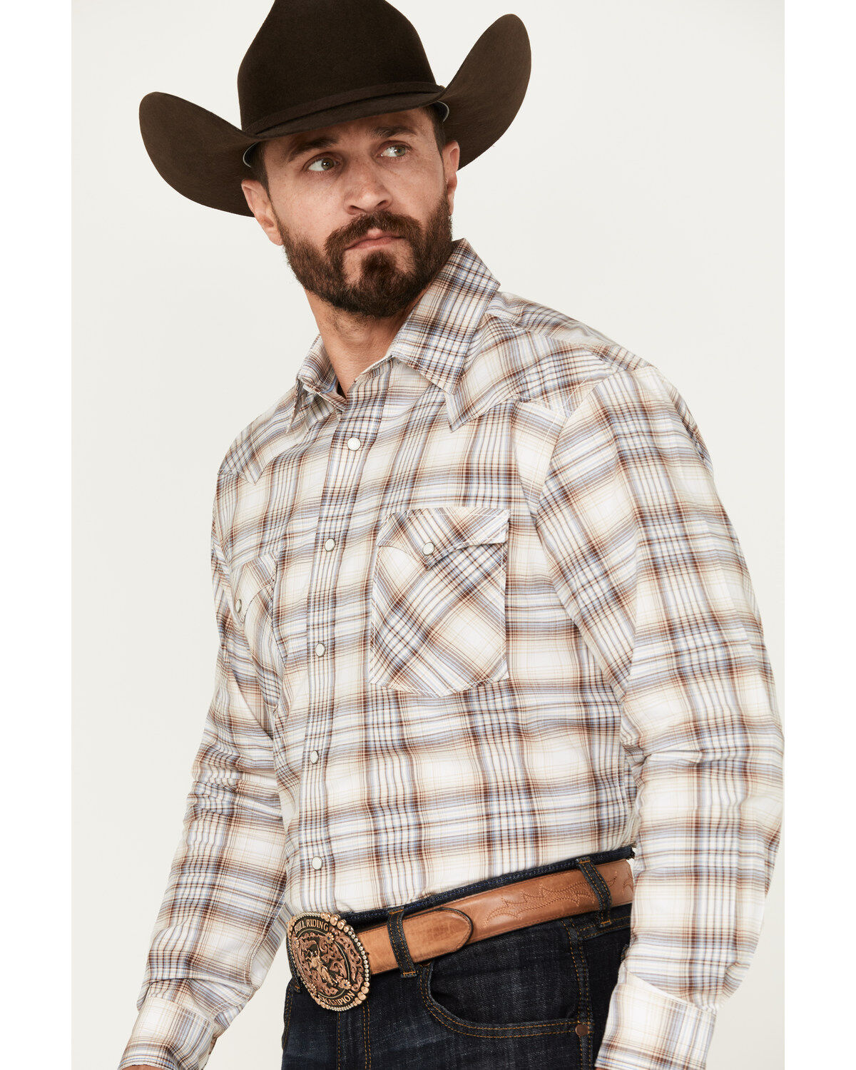Image #2 - Rough Stock by Panhandle Men's Ombre Plaid Print Long Sleeve Snap Stretch Western Shirt, , hi-res