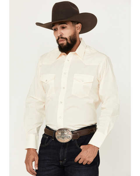 Roper Men's Solid Long Sleeve Pearl Snap Western Shirt, Cream, hi-res