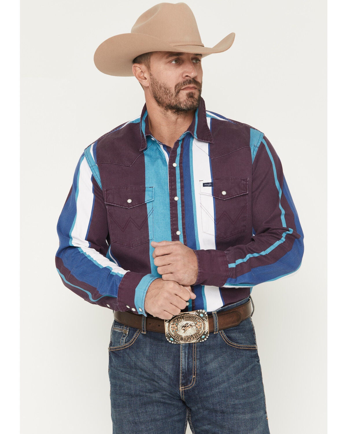 Image #1 - Wrangler Men's Brushpopper Denim Striped Long Sleeve Snap Western Shirt, Multi, hi-res