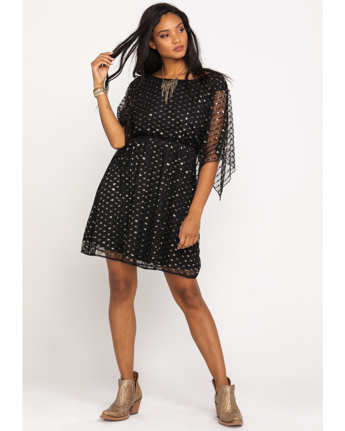 black polka dot chiffon dress