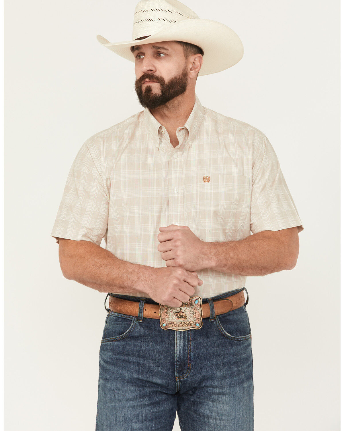 Image #1 - Cinch Men's Plaid Print Short Sleeve Button-Down Western Shirt, Oatmeal, hi-res