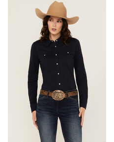 Shyanne Women's Solid Core Long Sleeve Snap Western Shirt, Indigo, hi-res