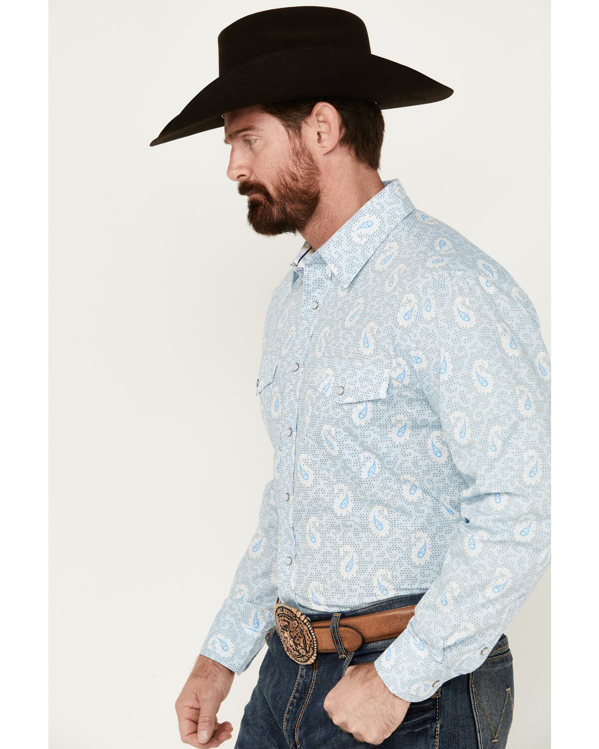Image #2 - Panhandle Men's Paisley Print Long Sleeve Pearl Snap Western Shirt, Light Blue, hi-res