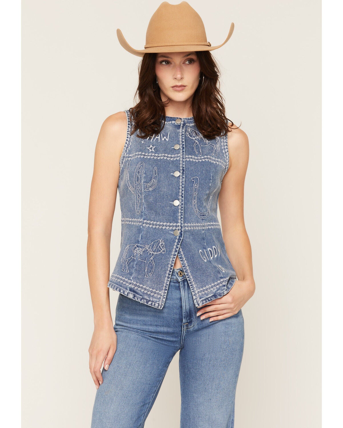 Image #1 - Blue B Women's Boot Barn Exclusive Embroidered Western Motif Denim Top, Medium Wash, hi-res
