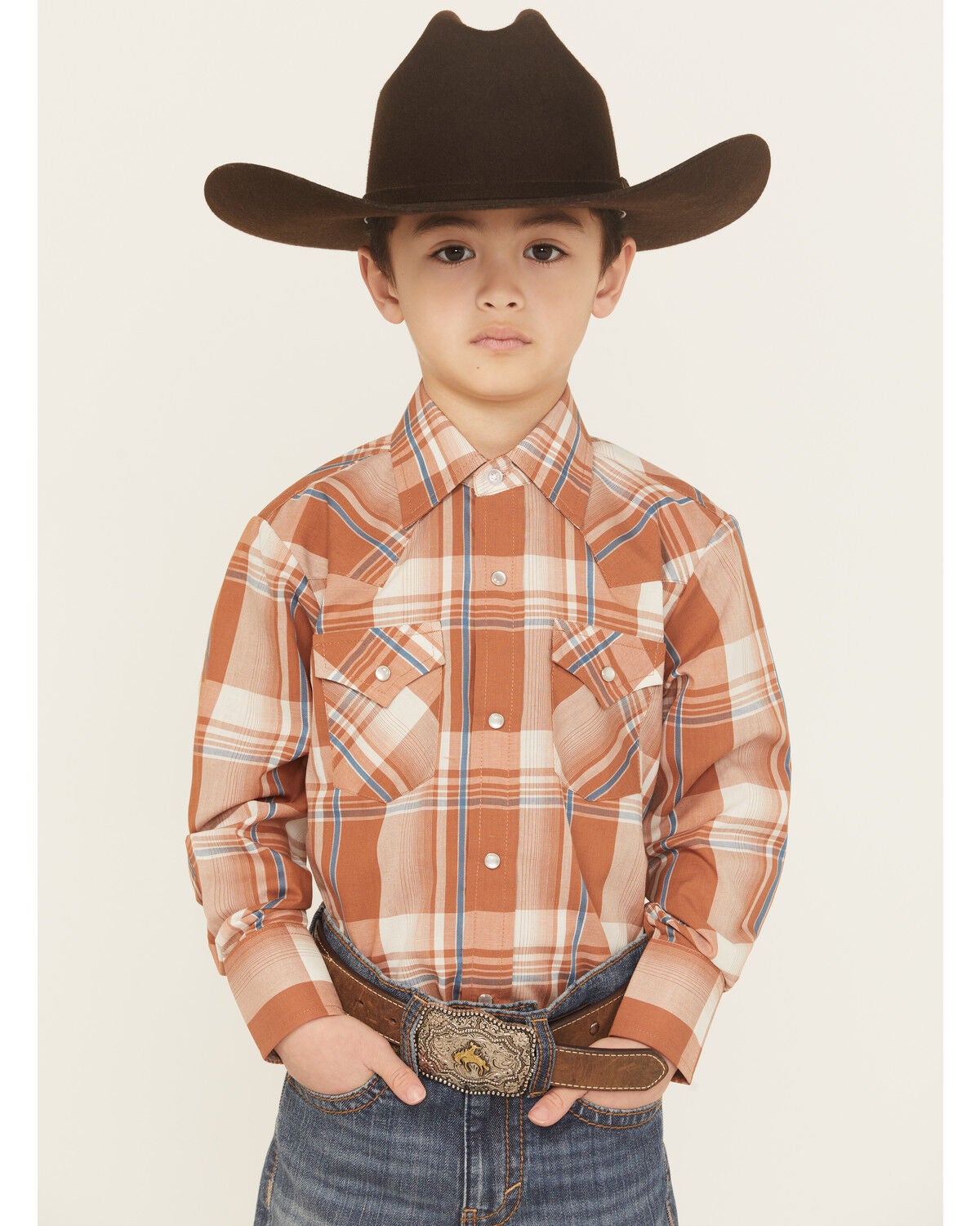 Ely Walker Boys' Plaid Print Long Sleeve Snap Western Shirt, Orange, hi-res