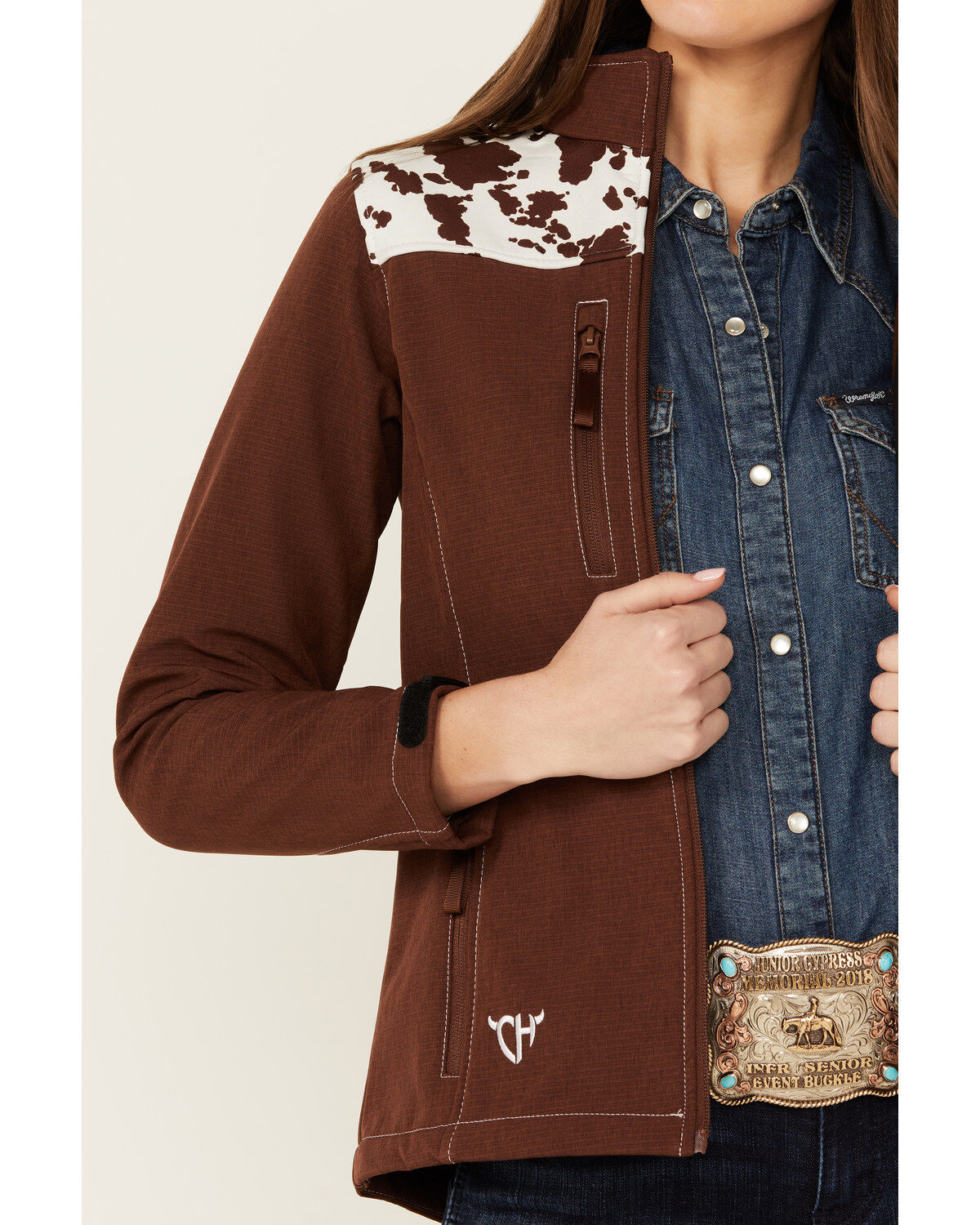 Image #3 - Cowgirl Hardware Women's Cow Print Yoke Softshell Jacket, Brown, hi-res