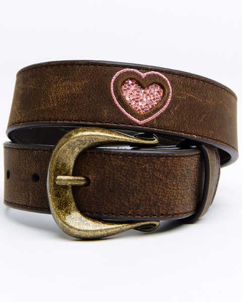 Shyanne Girls' Heart of Pink Brown Leather Belt, Brown, hi-res