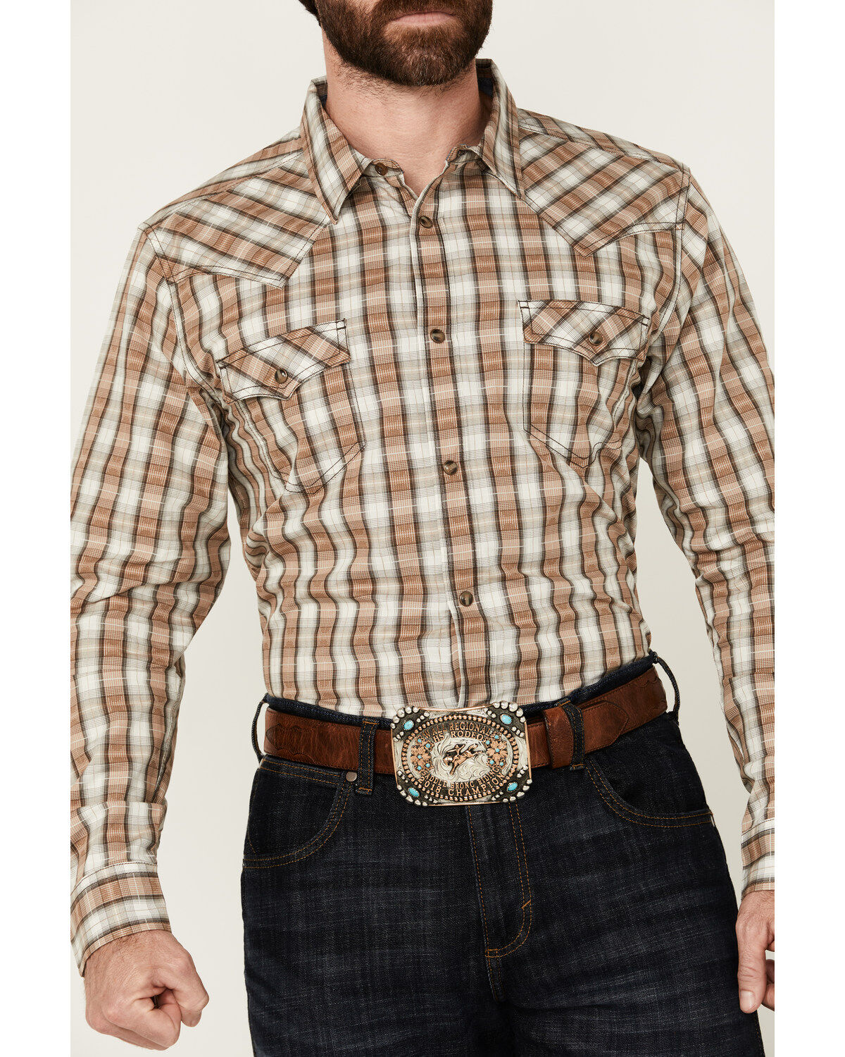 Image #3 - Cody James Men's Last Hurdle Plaid Print Long Sleeve Button-Down Stretch Western Shirt, Ivory, hi-res