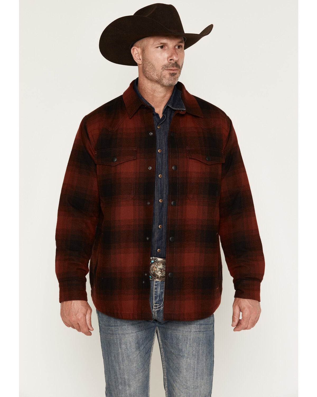Image #1 - Ariat Men's Retro Buffalo Plaid Print Snap Shirt Jacket, Red, hi-res