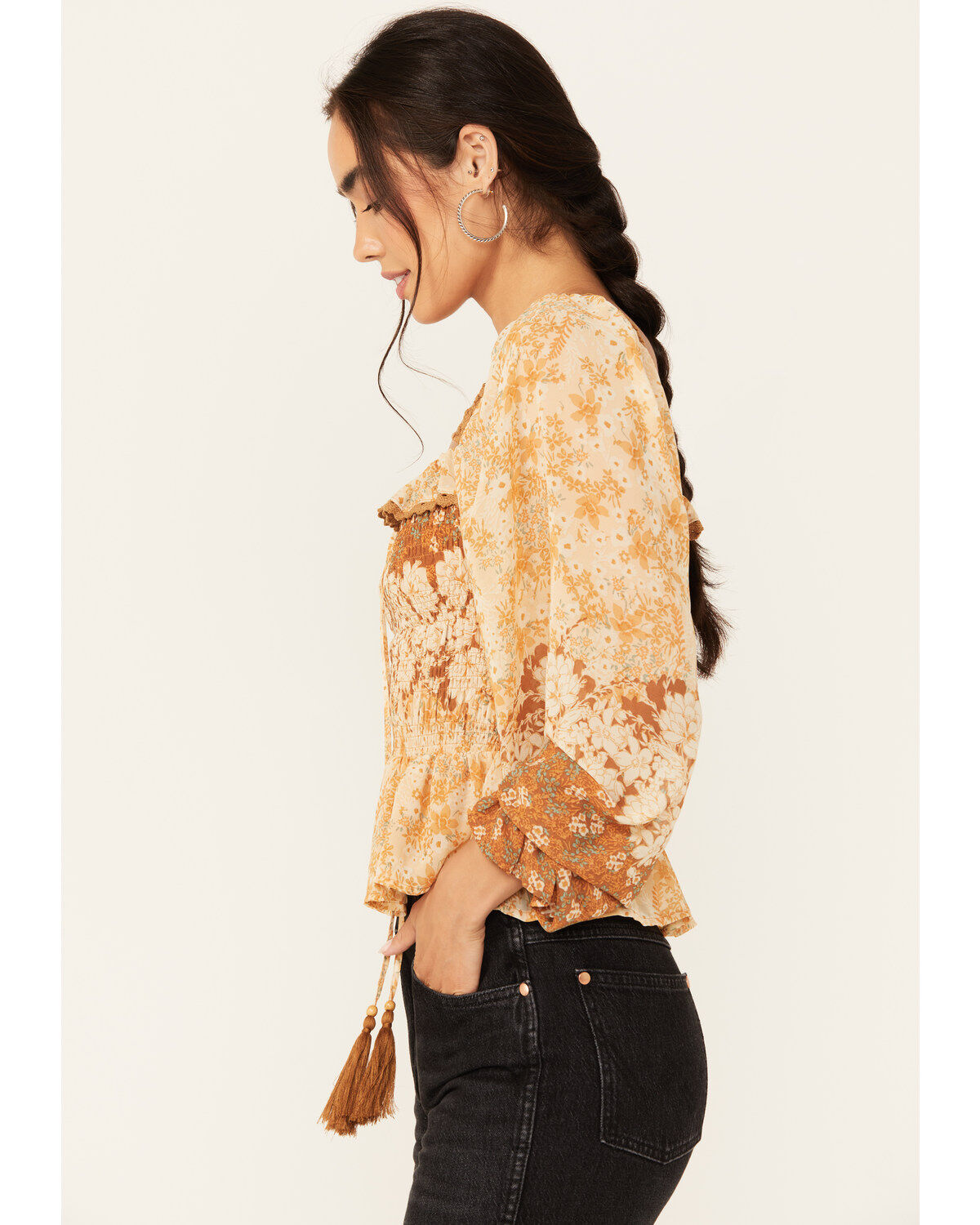 Image #2 - Miss Me Women's Floral Print Long Sleeve Peasant Top, Rust Copper, hi-res
