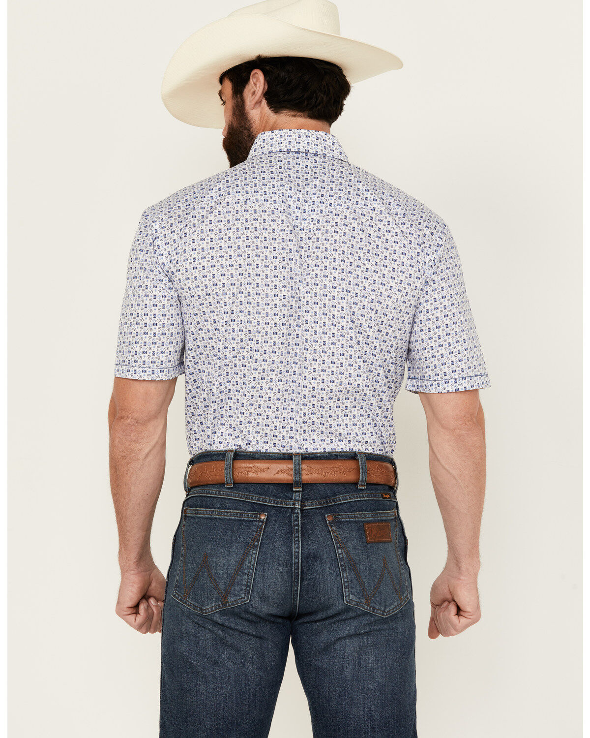 Image #4 - Panhandle Men's Southwestern Print Short Sleeve Pearl Snap Stretch Western Shirt, Blue, hi-res