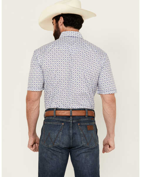Image #4 - Panhandle Men's Southwestern Print Short Sleeve Pearl Snap Stretch Western Shirt , Blue, hi-res