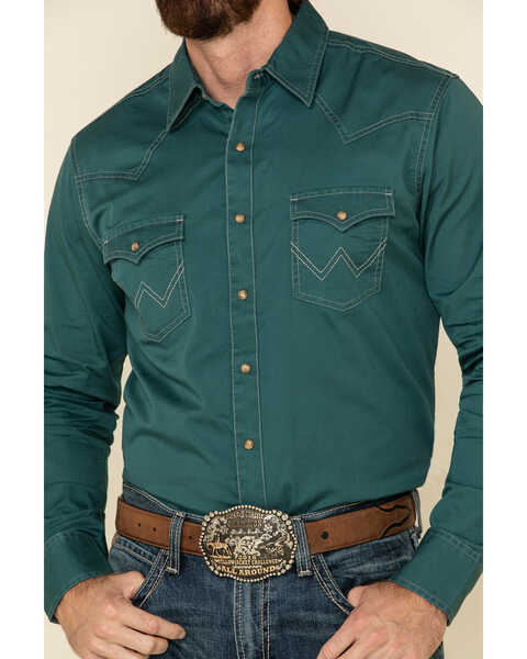 Image #4 - Wrangler Retro Men's Teal Solid Long Sleeve Western Shirt , , hi-res