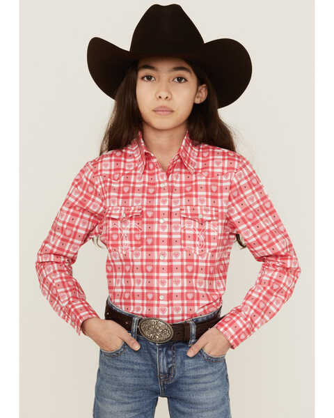 Panhandle Girls' Heart Plaid Print Long Sleeve Pearl Snap Western Shirt, Pink, hi-res