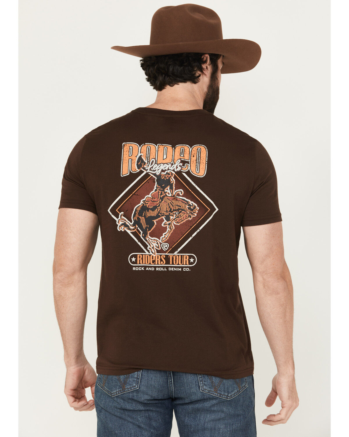 Image #1 - Rock & Roll Denim Men's Boot Barn Exclusive Bucking Bronco Short Sleeve Graphic T-Shirt, Chocolate, hi-res