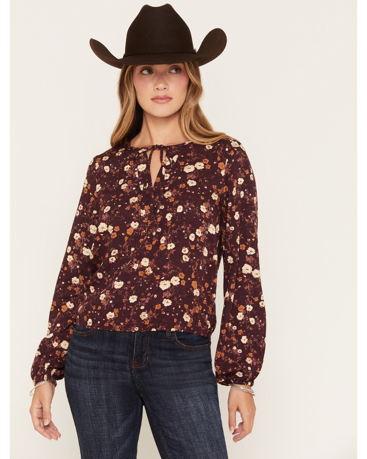 Idyllwind Women's Lynnbrook Floral Print Long Sleeve Blouse, Wine, hi-res