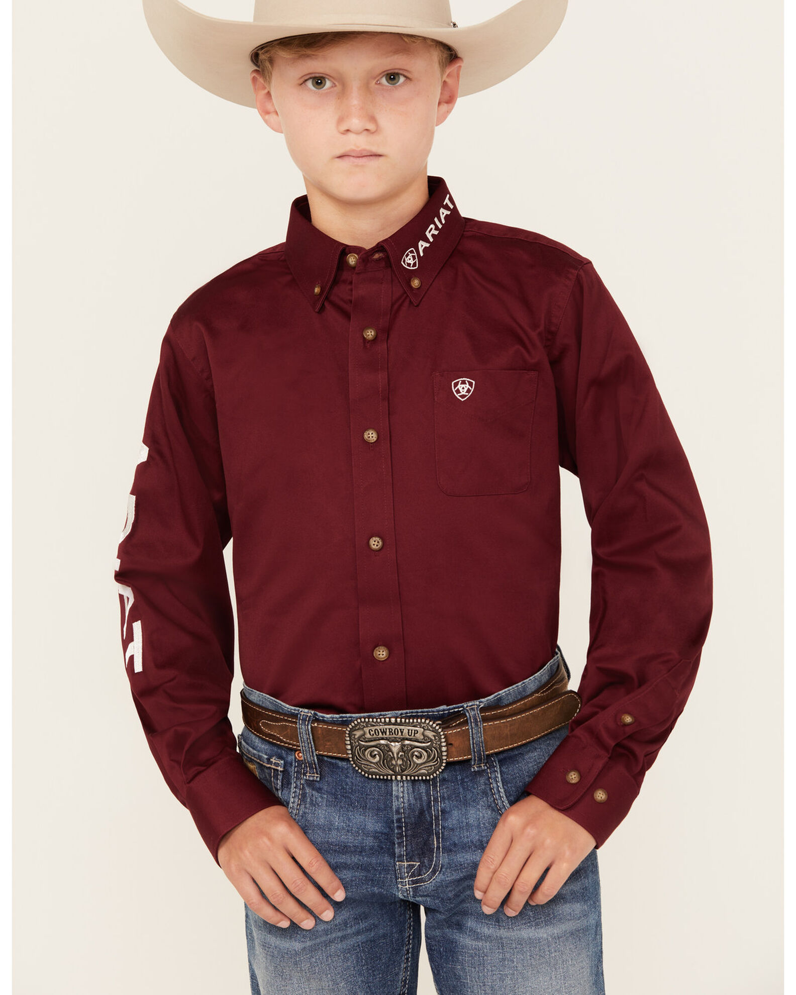 Product Name Ariat Boys Solid Logo Team Long Sleeve Button Down Western Shirt