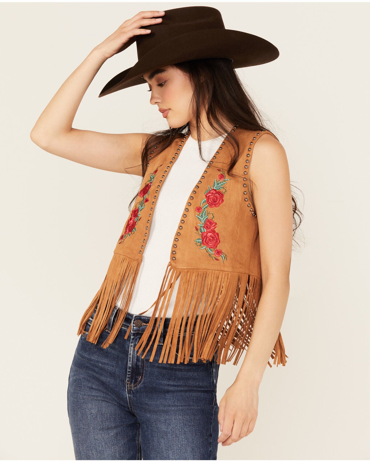 Vocal Women's Embroidered Rose Faux Suede Fringe Vest, Tan, hi-res