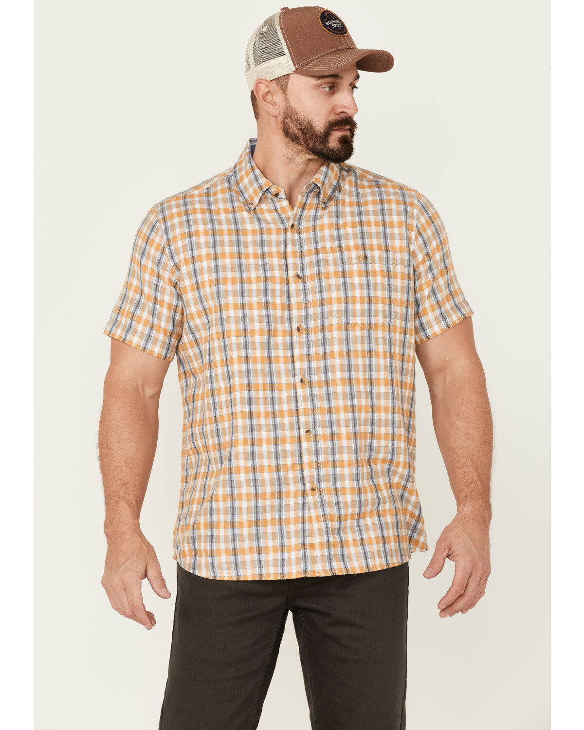 Image #1 - North River Men's Cozy Cotton Plaid Short Sleeve Button Down Western Shirt, Mustard, hi-res