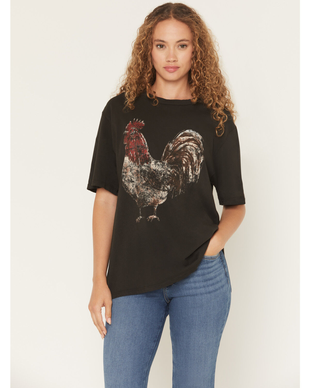 Image #1 - Originality Women's Rooster Short Sleeve Oversized Graphic Tee, Black, hi-res