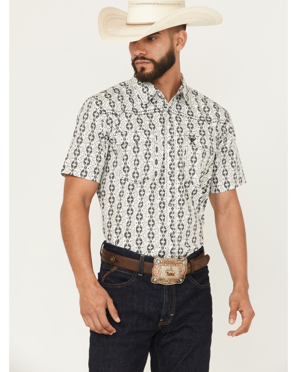 Image #1 - Cowboy Hardware Men's Southwestern Short Sleeve Snap Western Shirt, White, hi-res