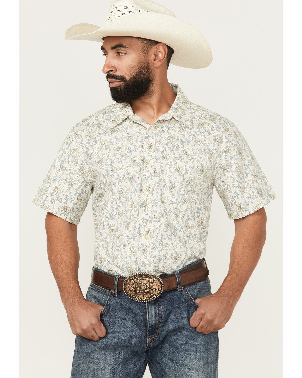 Product Name:  Gibson Trading Co Men's Purple Hazed Medallion Print Short Sleeve Pearl Snap Western Shirt