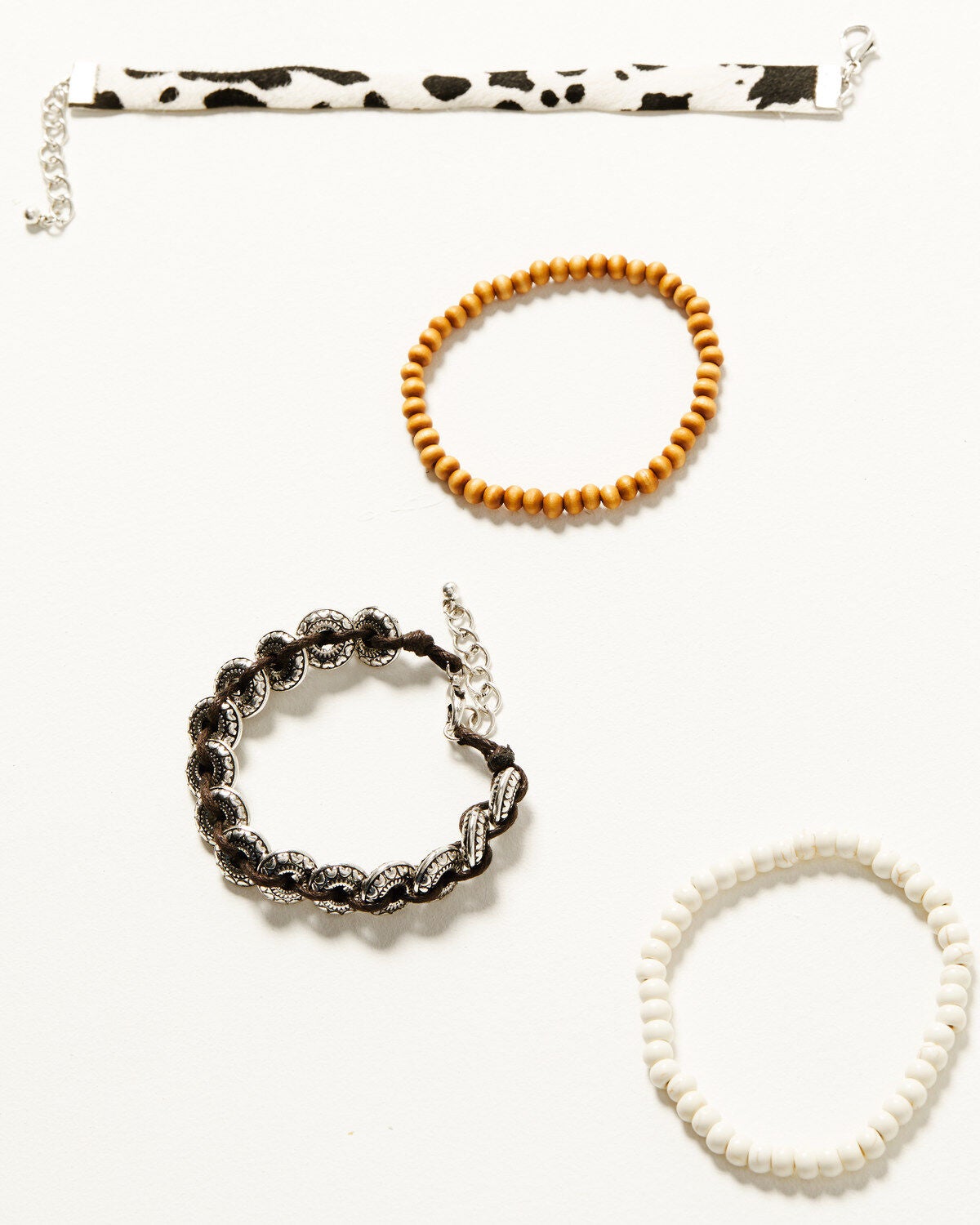Shyanne Women's Braided Concho Cow Print Beaded Bracelet Set - 4-Piece, Silver, hi-res