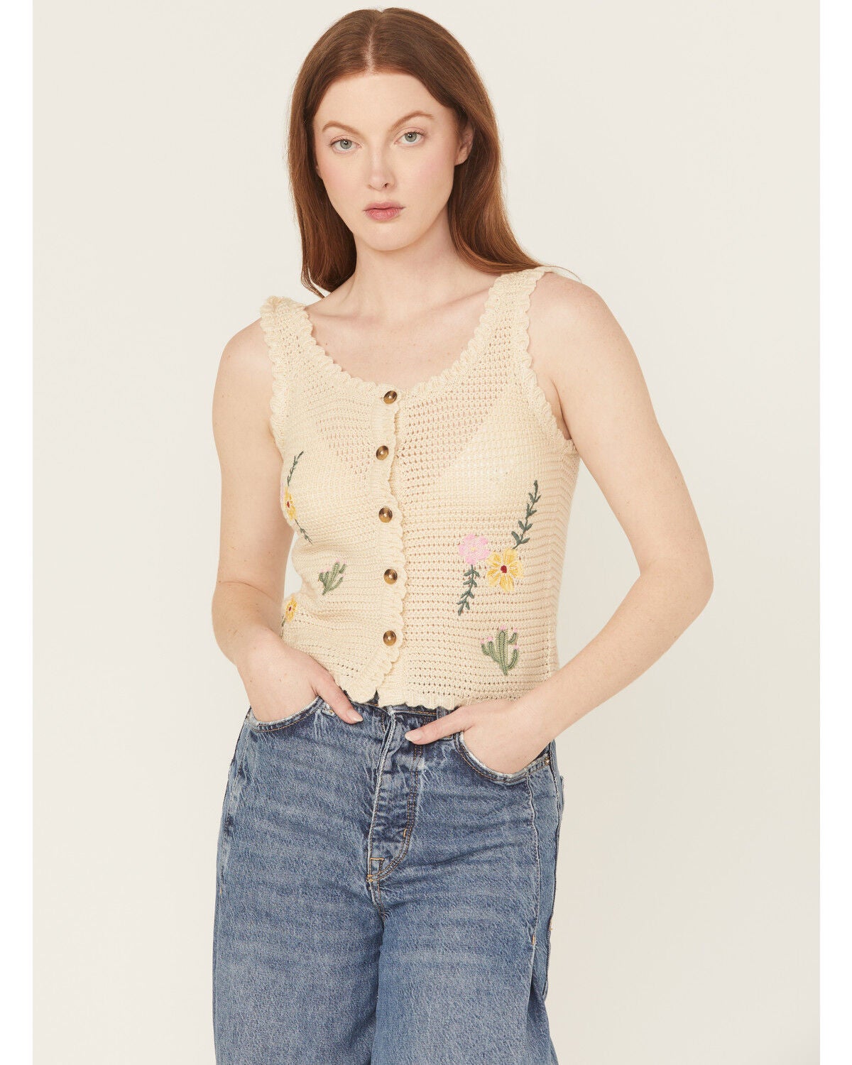 Rock & Roll Denim Women's Crochet Floral Tank, Natural, hi-res