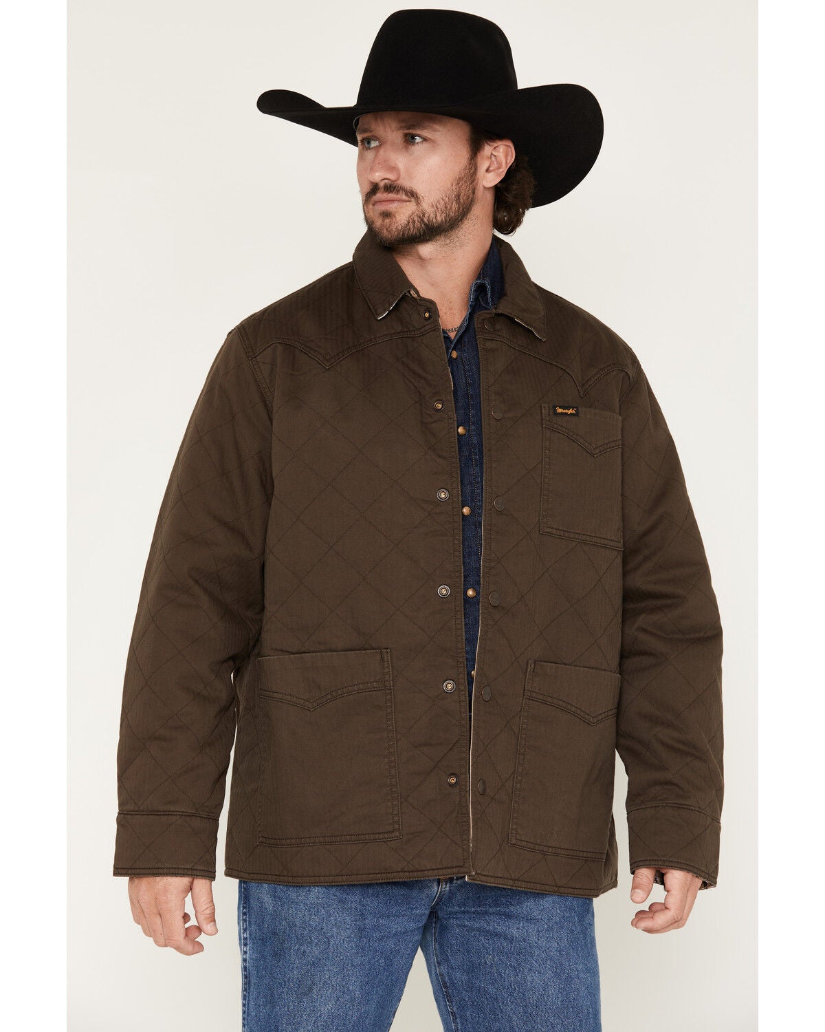 Wrangler Men's Reversible Solid Southwestern Print Quilted Jacket, Brown, hi-res