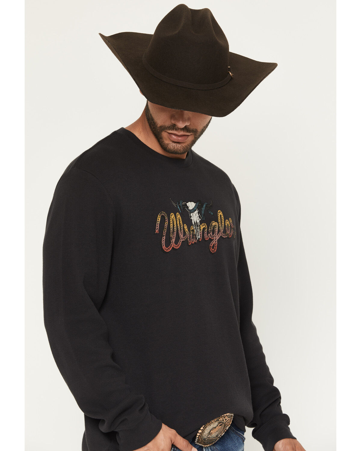 Image #2 - Wrangler Men's Steerhead Roped Logo Long Sleeve Graphic T-Shirt, Black, hi-res
