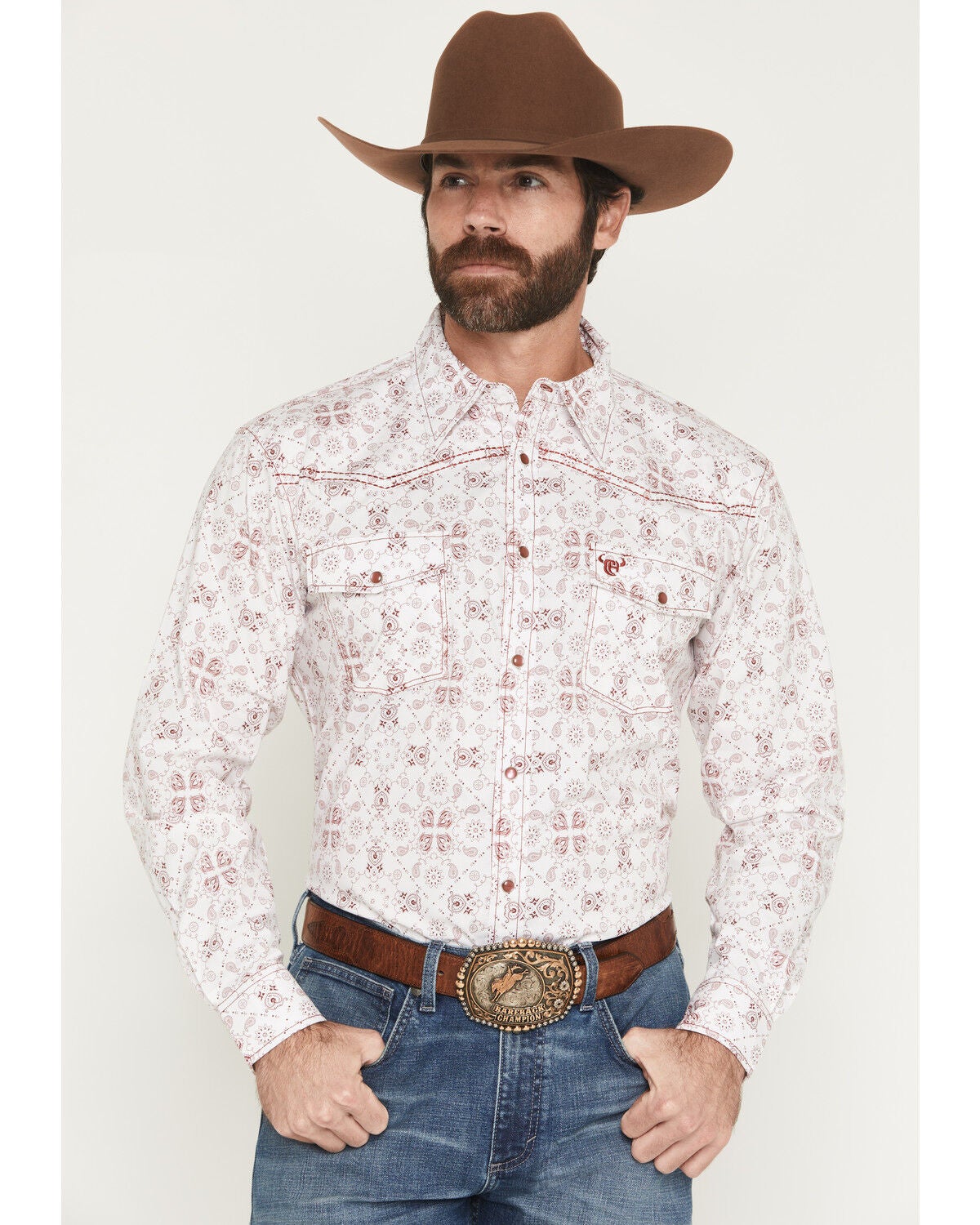 Cowboy Hardware Men's Bandana Print Long Sleeve Snap Stretch Western Shirt, White, hi-res