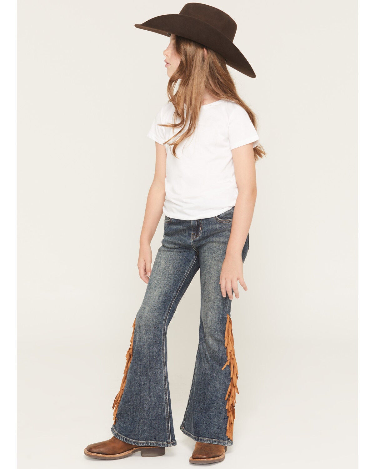 Shyanne Girls' Holly Medium Wash Fringe Flare Stretch Denim Jeans, Medium Wash, hi-res