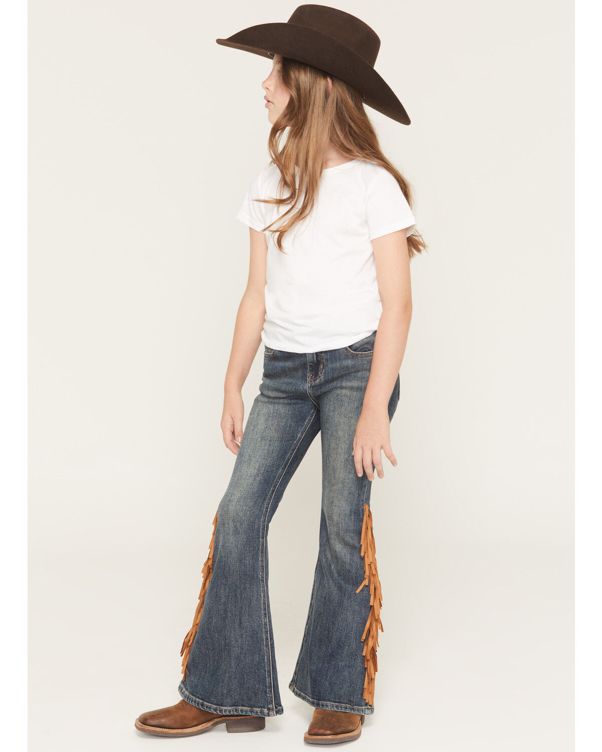 Image #1 - Shyanne Girls' Holly Medium Wash Fringe Flare Stretch Denim Jeans, Medium Wash, hi-res